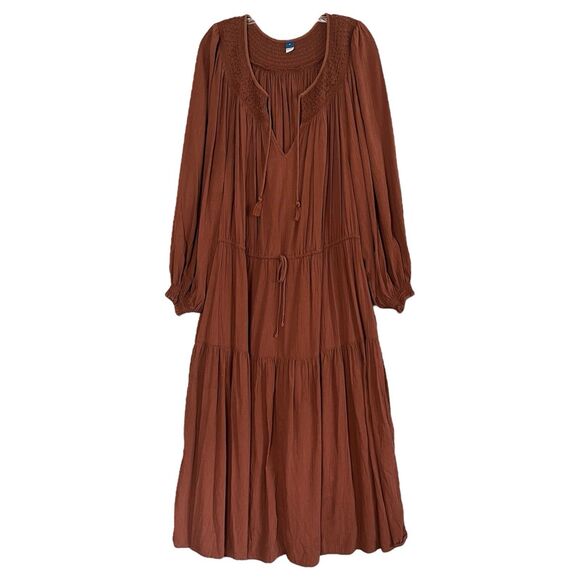 Old Navy Tiered Dress Plus Size 4X Brown Smocked Crinkle Gauze Boho Peasant Midi - Picture 1 of 10